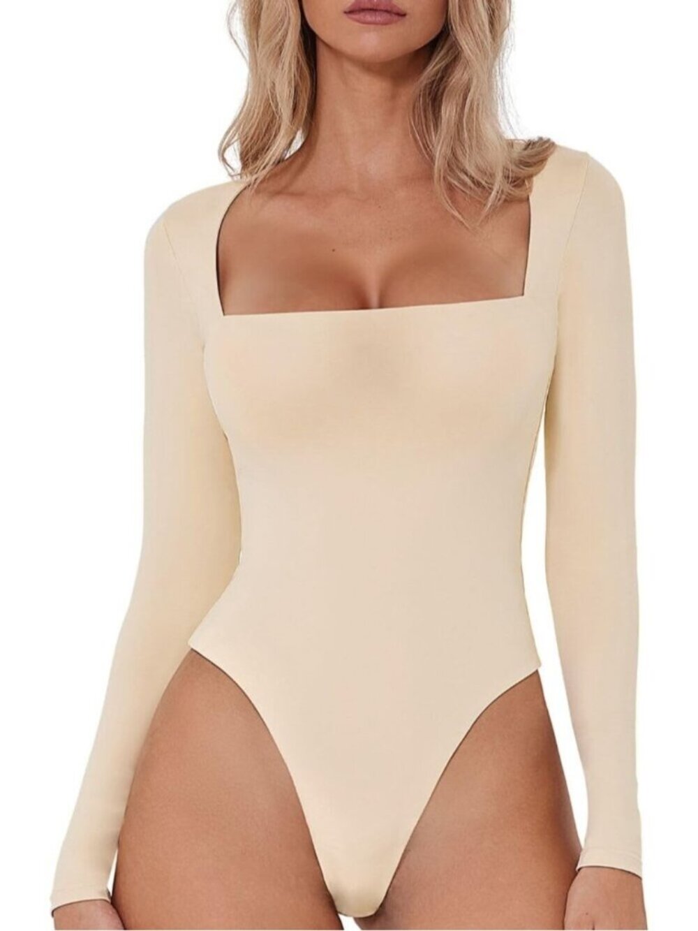 🆕Women’s Marzipan Mauve Square Neck Long Sleeve Bodysuit Double Lined Sexy Top
